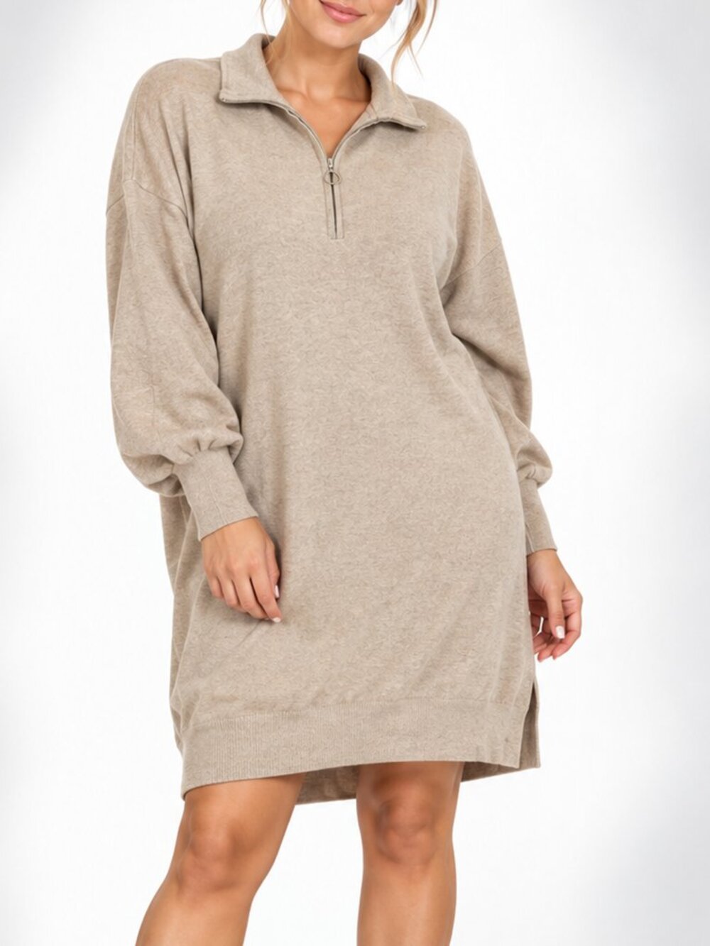 Ava & Viv 2X Taupe Quarter-Zip Long Sleeve Sweater Dress Plus Size